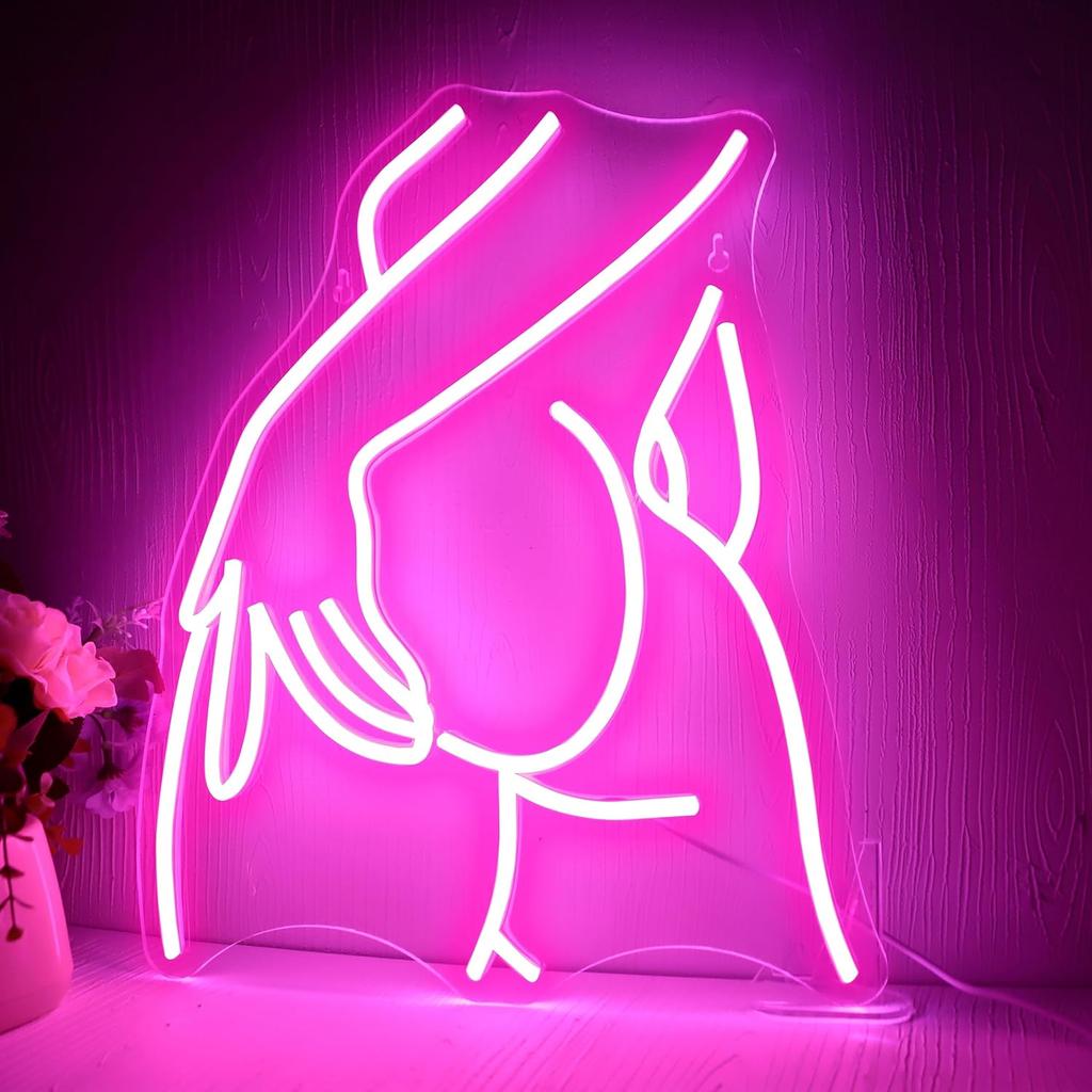 Pretty Ladies Body Neon Sign, Woman Body Neon Sign,Lady Buttocks Neon Sign, Aesthetic Pink Ass Line Art Neon Light, USB Powered for Bachelor Club