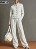 New Women's Solid Crew Neck Cardigan Sweatshirt Wide Leg Pants Set