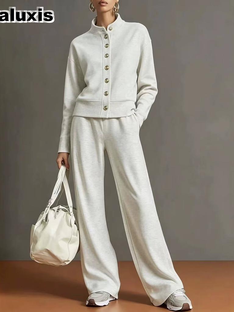 New Women's Solid Crew Neck Cardigan Sweatshirt Wide Leg Pants Set