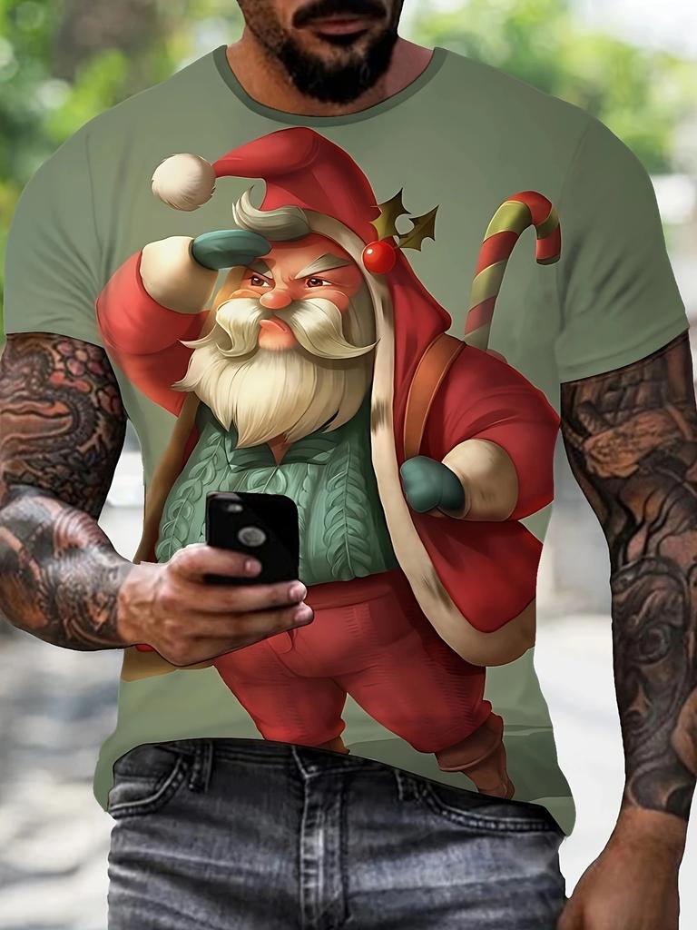 Men's Christmas T-Shirt 3D Print Santa Claus Reindeer Short Sleeve Casual Tee Top