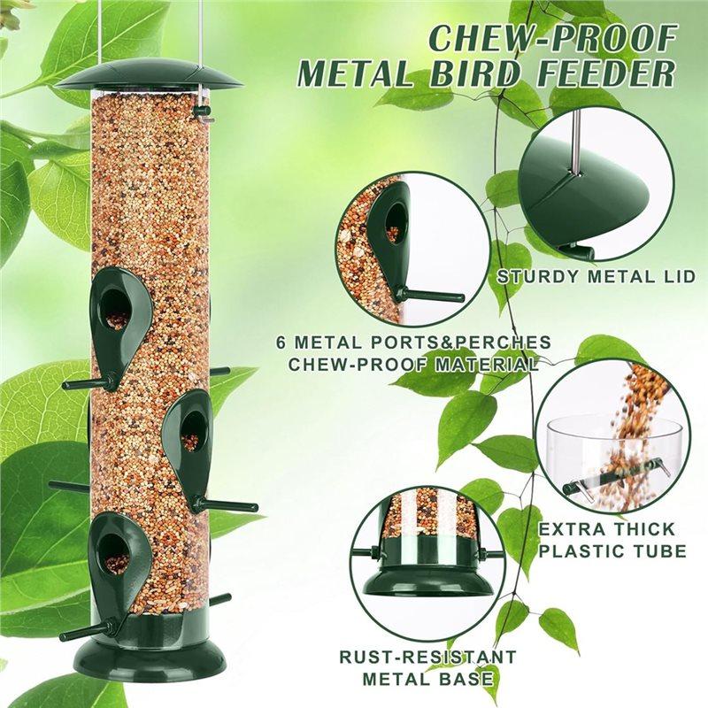 ABXF-Metal Bird Feeder 6 Port Tube Feeder For Outdoors Heavy Duty Squirrel Proof With Metal Lid Easy Fill & Clean