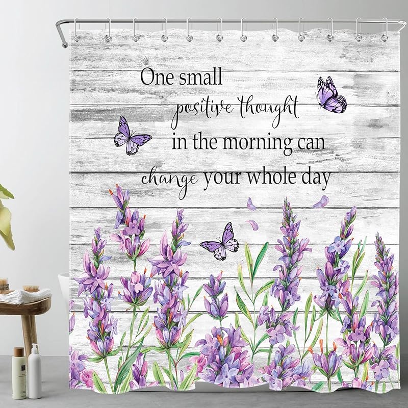 Purple Floral Shower Curtain Purple Lavender and Butterfly on White Shower Curtain for Bathroom, Rustic Flower Plant Shower Curtain Set Durable