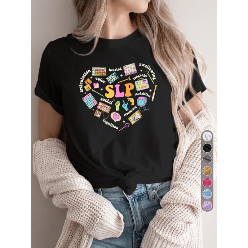 Women S Casual Sports T-Shirt, Round Neck Tee, SLP, Speech Language Pathology Heart, Stylish Gift for Speech Therapists, S чёрный