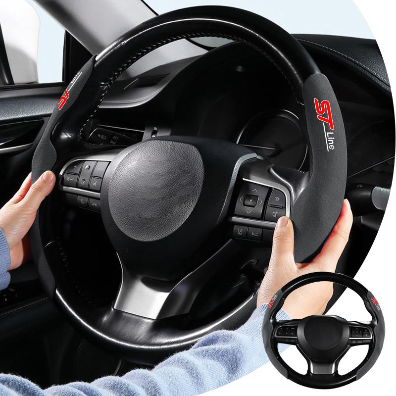 2Pcs Suede Non-Slip Car Steering Cover Wheel Booster Decoration Covers For Ford ST Focus Mk2 3 4 Edition Mondeo Fusion ST Line
