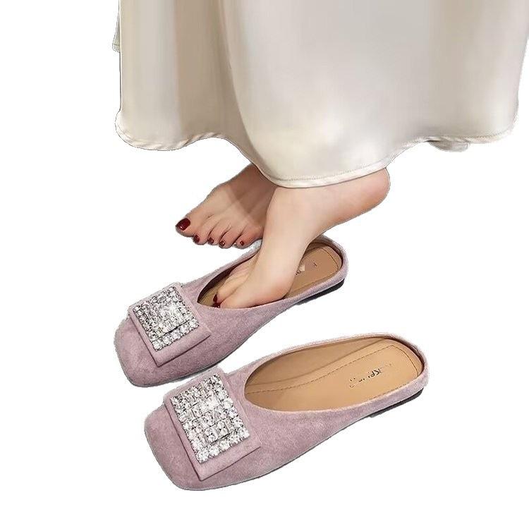 Spring and summer bag head half slippers wear new non-slip rhinestone square head flat sole shoes