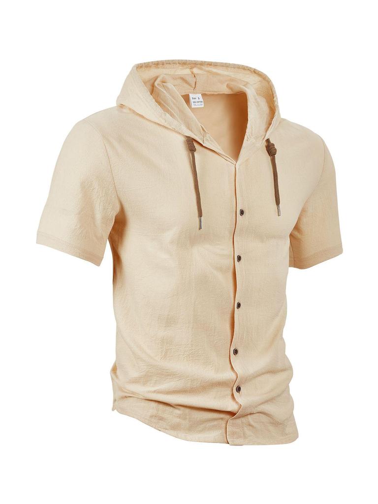 Men's Casual Lightweight Cotton Linen Short-Sleeve Hoodie Cardigan