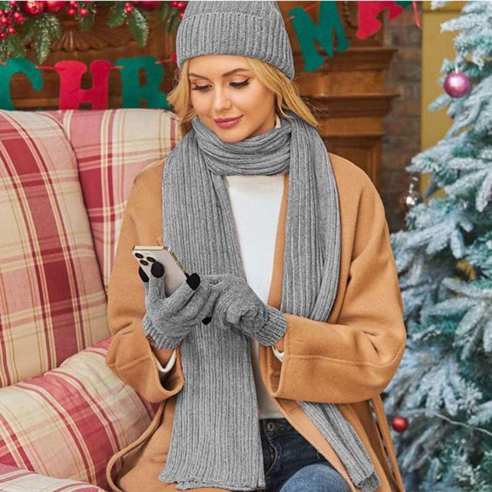 Solid Color Knitted Cap Soft Winter Cable Beanie Hat Simple Touchscreen Gloves for 3Pcs/Set Gifts