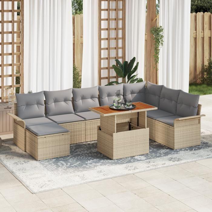 VidaXL Ensemble de salle à manger de jardin 9 pièces avec coussins beige en rotin poly acacia 3349370