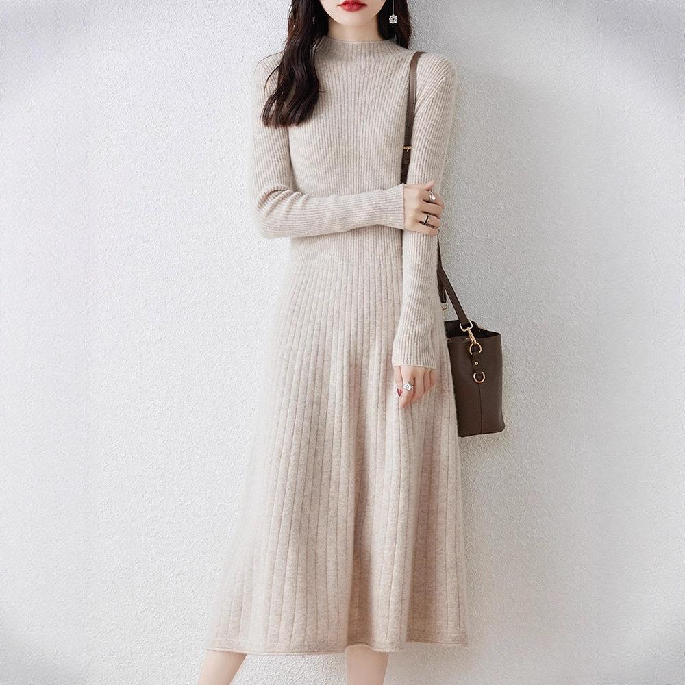 Slimming Mid-length Dress for Women Half Turtleneck Knitted Dress Solid Color A-line Sweater Dress for Autumn and Winter