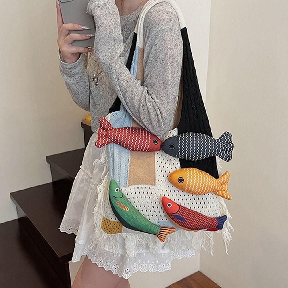 Summer Cotten Crochet Shoulder Bag Fish Tassels Beach Handbag Hollow Out Weave Bag  Shopping Bag