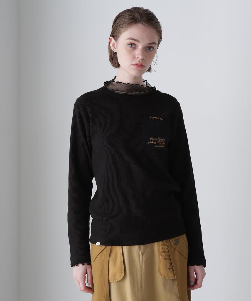 Avirex LS Color Stitch Embroidered Waffle T-Shirt, Women's, Size S, 010, Black, 783-4230604