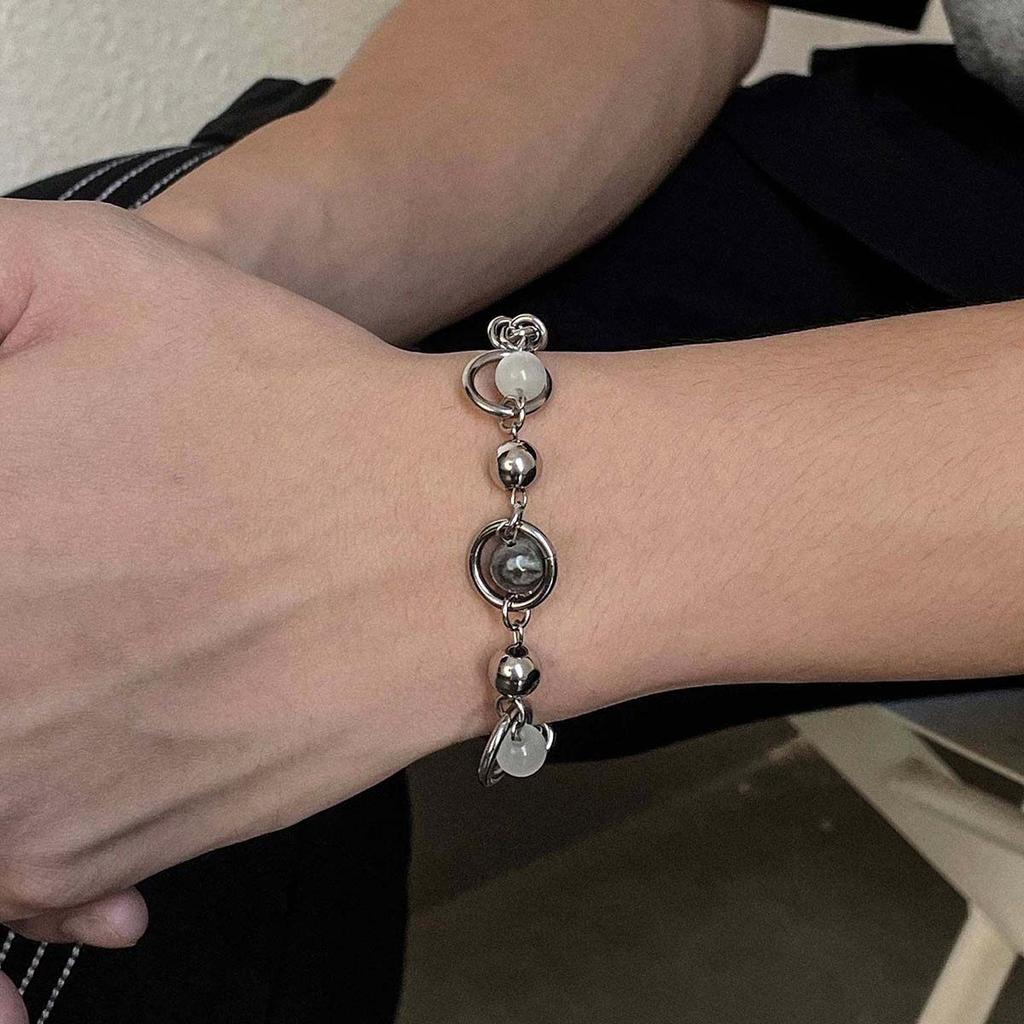 Hip Hop Planet Splicing Beaded Bracelet for Men Stainless Steel Unisex Versatile Hand Chain Cold Tone Personality Vintage Gift