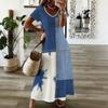Women Plus Size V Neck Short Sleeve Printed Blue Straight Maxi Dress