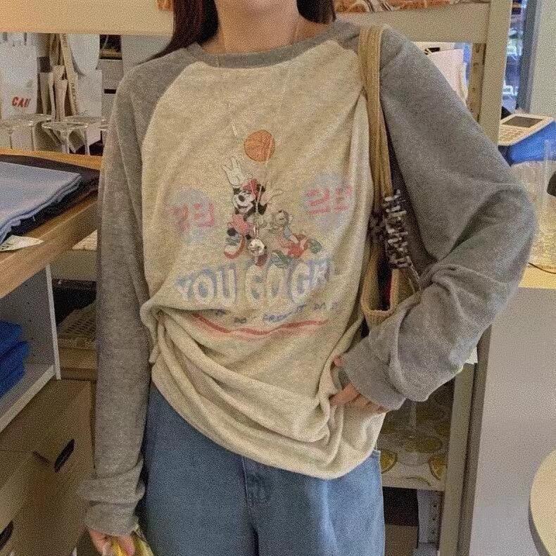 In Stock: Women's Korean Terry Loop Minnie Print Raglan Long Sleeve Casual T-shirt for Autumn 2025