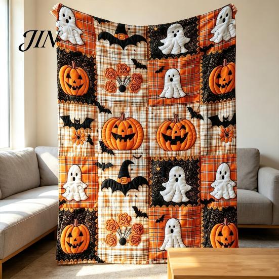 Soft Pumpkin Bat Print Bed Cover & Throw Blanket, Halloween Cozy Flannel Decorative Bedding Plaid for Couch Sofa Bed, Fall Home Decor