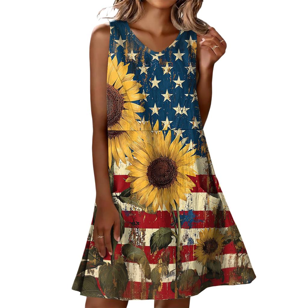 Summer Dresses For Women Loose Beach Vacation Casual Sleeveless V-neck  Sundresses With Pockets Tank Dress