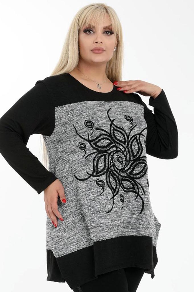 Damska tunika w dużym rozmiarze z motywem kwiatowym, haftowanym kamieniem, okrągłym kołnierzykiem, długim rękawem, swobodna tunika