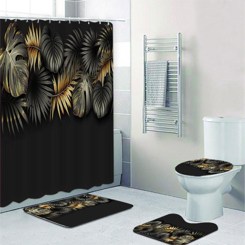 Black And Gold Tropical Plant Palm Leaf Bathroom Shower Curtain Set For Bathtub Exotic Leaves Bath Mats Rugs Toilet Home Decor