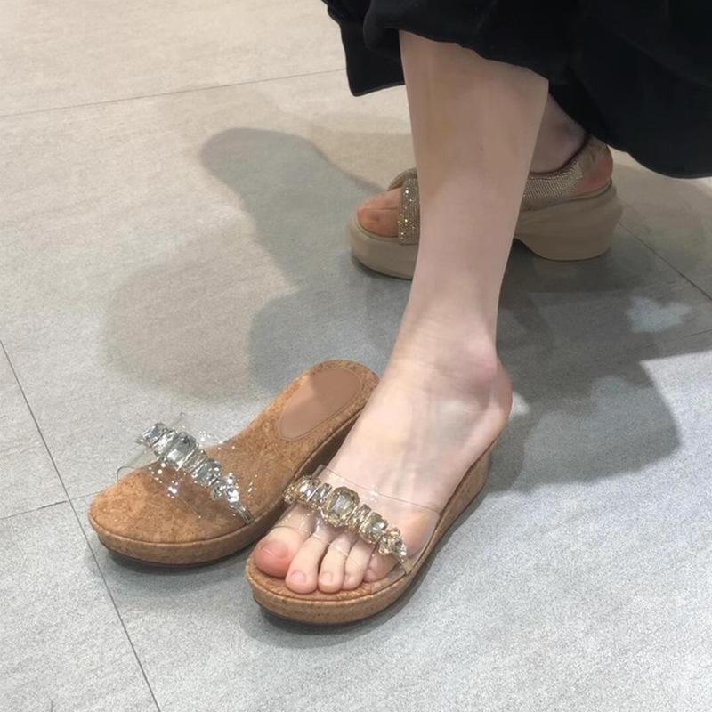 thick-soled slope heel high-heeled rhinestone transparent cool slippers for women's summer wear 2025 new models with skirts and one-word sandals