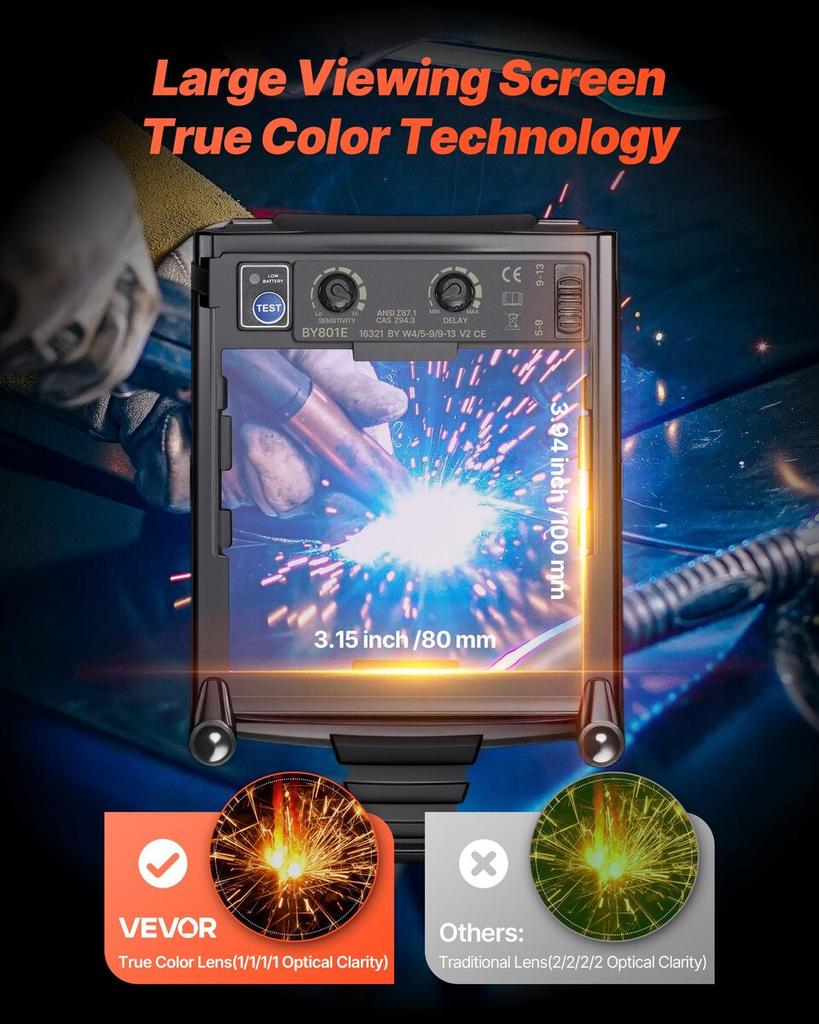 Welding Helmet Auto Darkening, 100 X 80 Mm True Color Welding Hood, Solar-Powered Welder Mask 4 Arc Sensors, Wide Shade 4/5-9/9-13 for TIG MIG Weld