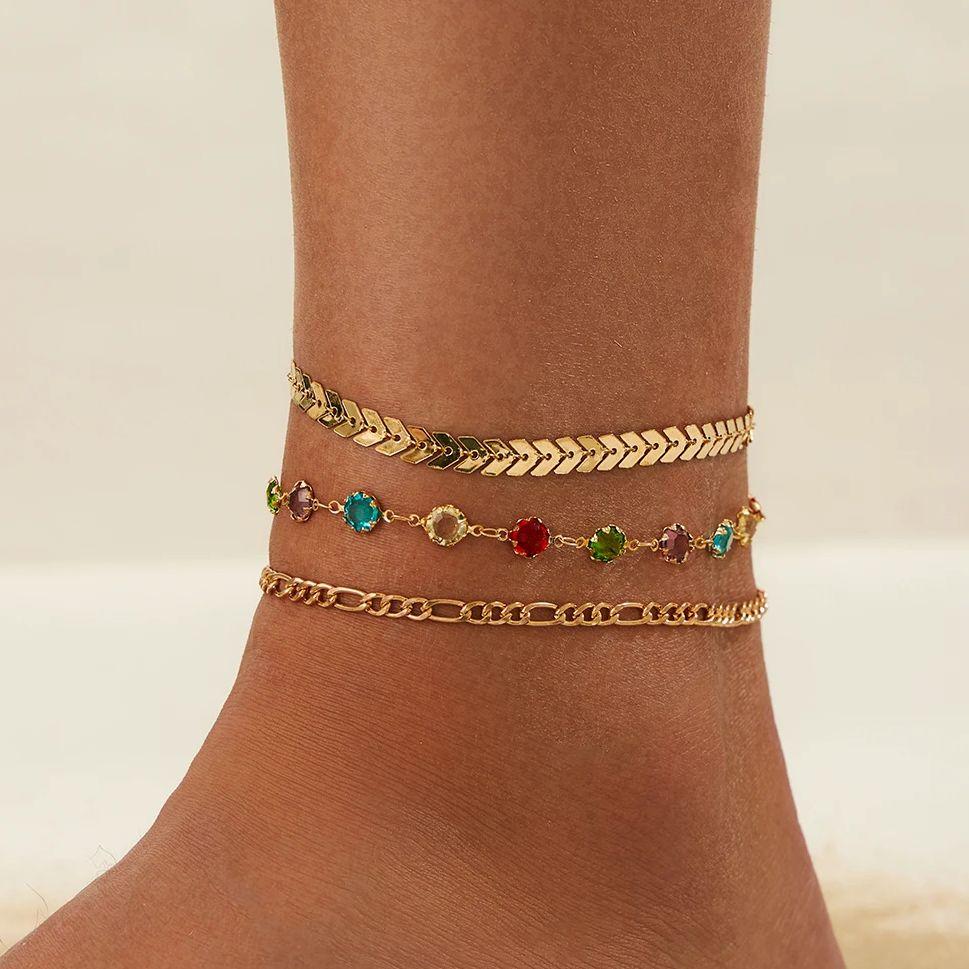 Salircon 3Pcs/set Fashion Colorful Imitation Crystal Chain Anklets Sandals Women Boho New On Foot Ankle Chain Beach Jewelry Gift
