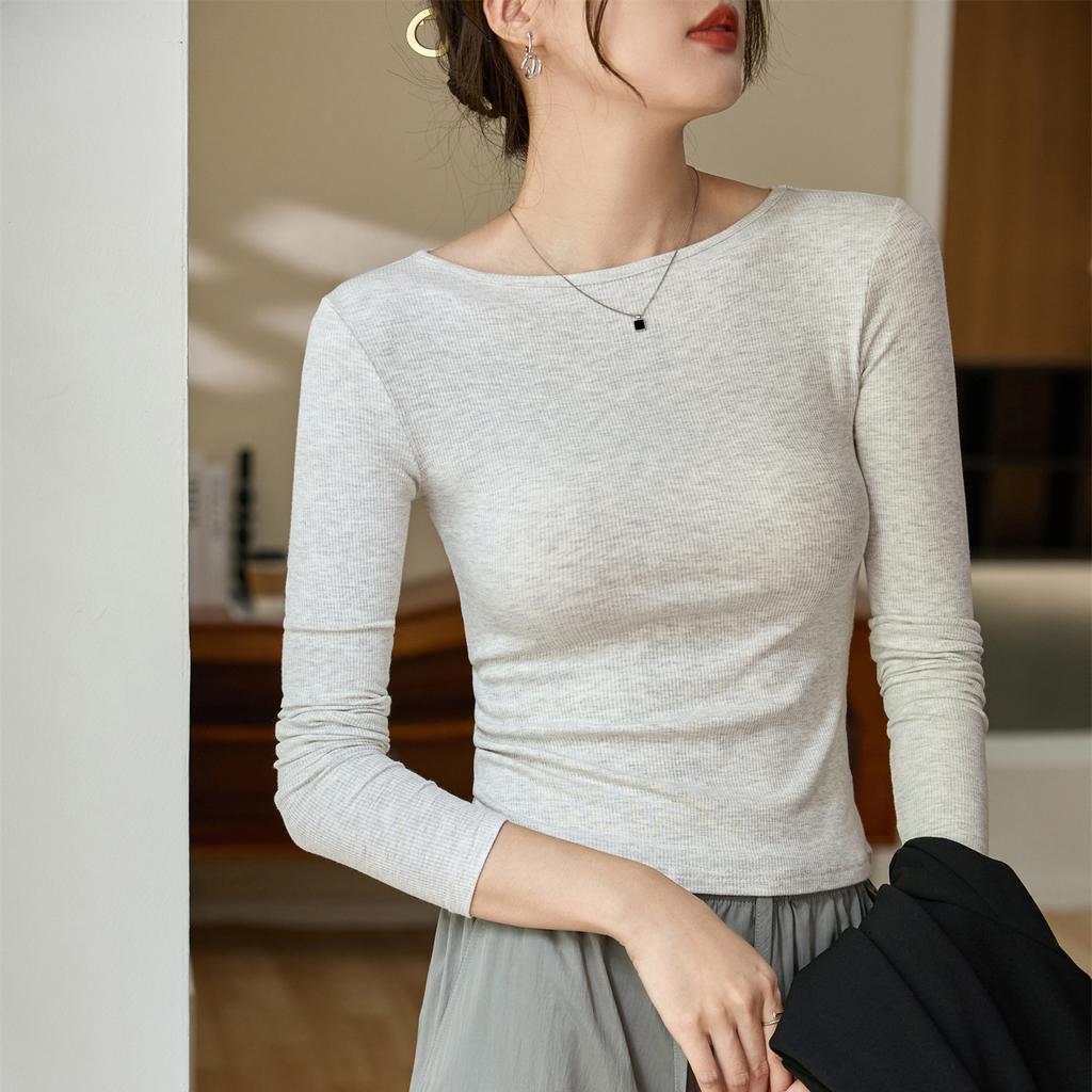 A Word Small Round Neck Slim-fit T-shirt for Women Long Sleeve Autumn New Inside with A Base Shirt