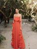 Women Summer Holiday Dress Orange Pleated Chiffon Long Formal Dresses Custom Made Ruffled Strapless Beach Party Dress U99Z