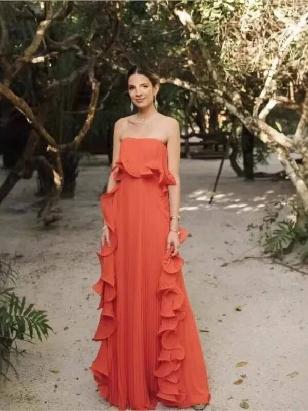 Women Summer Holiday Dress Orange Pleated Chiffon Long Formal Dresses Custom Made Ruffled Strapless Beach Party Dress U99Z