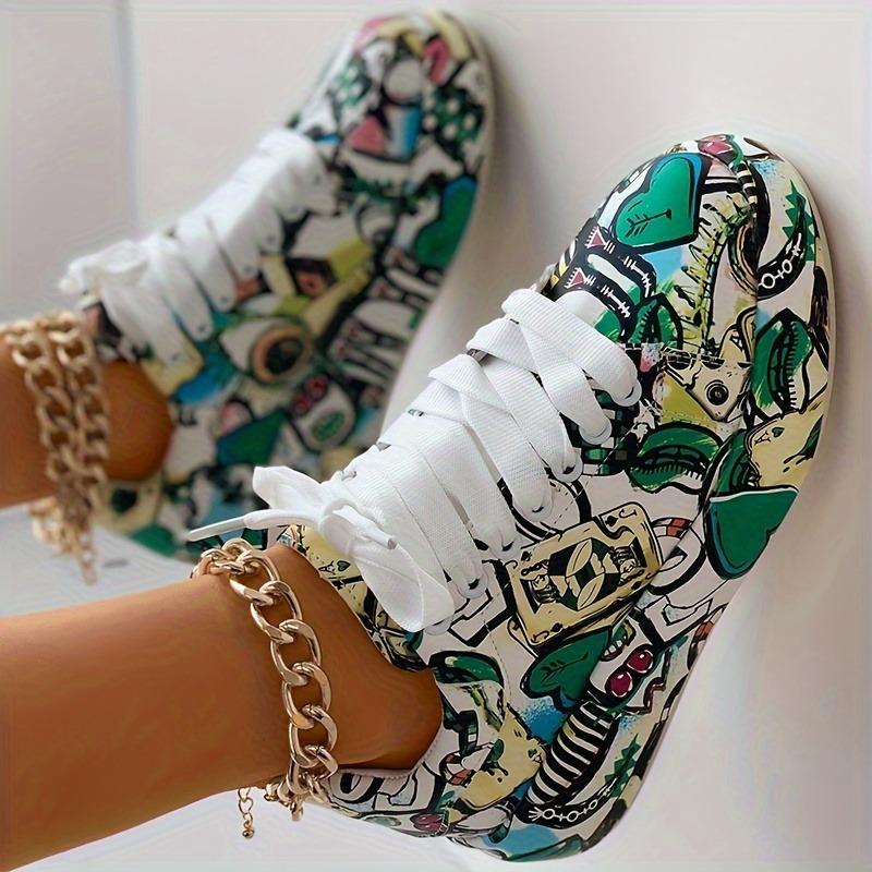 Fashion Painting Graffiti Big Size Sports Women's Shoes 2025 New Women's Outer Wear Lacing Comfortable Thick Bottom White Shoes
