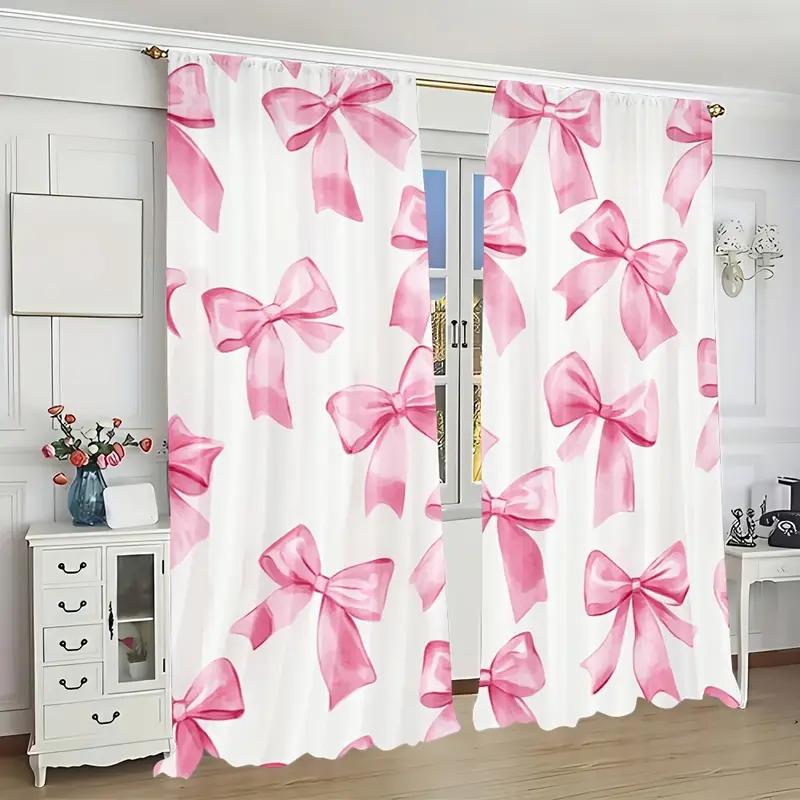 2PCS Pink Bow Curtains with Rod Bag Design for Privacy Protection   Suitable for Various Decorative Scenarios