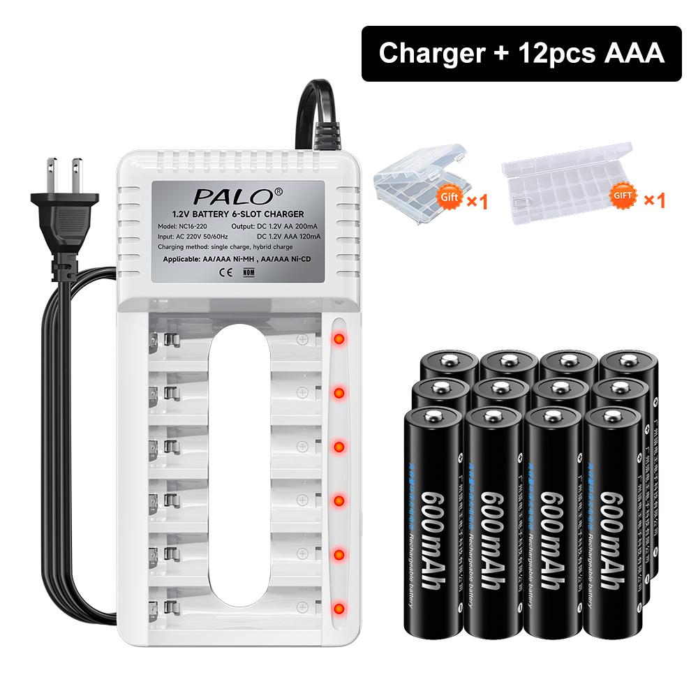 PALO Rechargeable Battery AA 1.2V Ni-MH Batteirse AA(HR6) 1300mAh and AAA(HR03) 600mAh NI-MH 2A/3A Rechargeable Batteries+6-slot charger