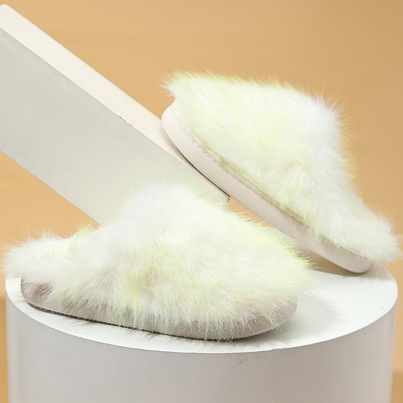 Fashion Elegant Mix Color Fur Slippers Women Winter Faux Fur Warm Indoor Plush Slides for Woman Round Toe Non Slip Cotton Slippers Lady