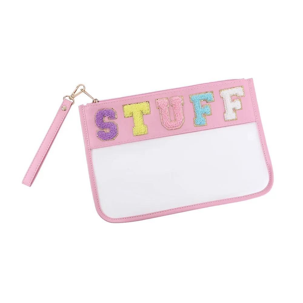 PVC Clear Letter Wash Cosmetic Bag Travel Snack Bag Clear Letter Embroidered Bag for Travel Beach Portable Toilet Storage