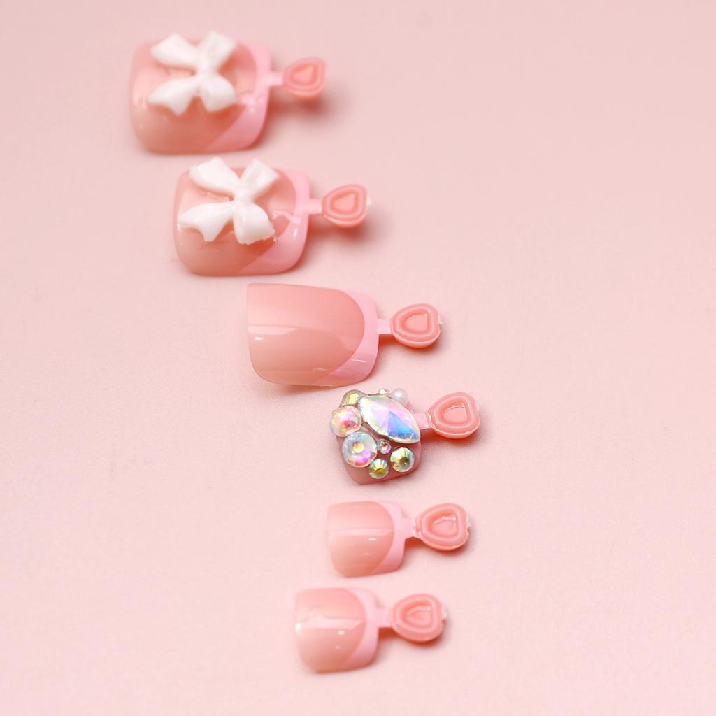 24PCS French Tip Acrylic Press On Toenails False Toe Nail with Bows and Rhinestones Short Nail Tips for Women and Girls