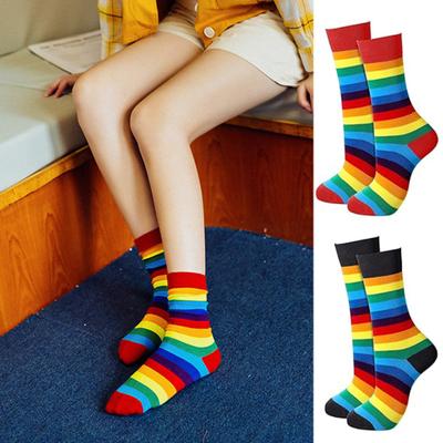 6 Paar Unisex-Wintersocken, bunte Regenbogenstreifen, Mittelrohr, hohe Elastizität, halten warm, rutschfest, dicke Paarsocken, lässige Sportsocken