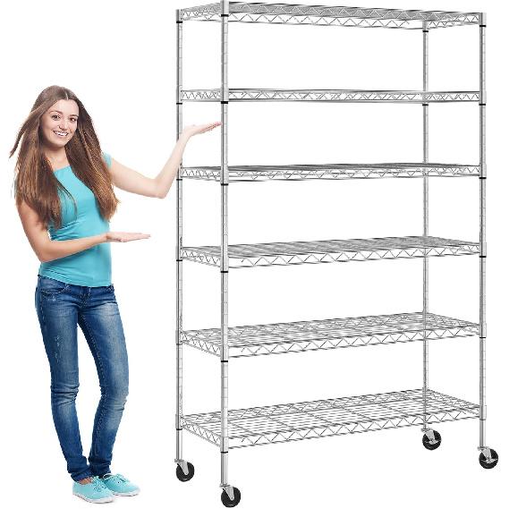 Metal Shelves 6 Layer Wire Shelving On Wheels Heavy Duty Metal Storage Rack Utility Shelves 48" NSF Steel Racks 2100 LBS Capacity Adjustable Standing
