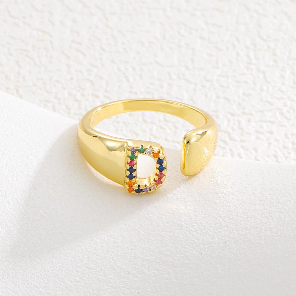 Fashionable Colorful Zircon Alphabet Adjustable Retro Ring