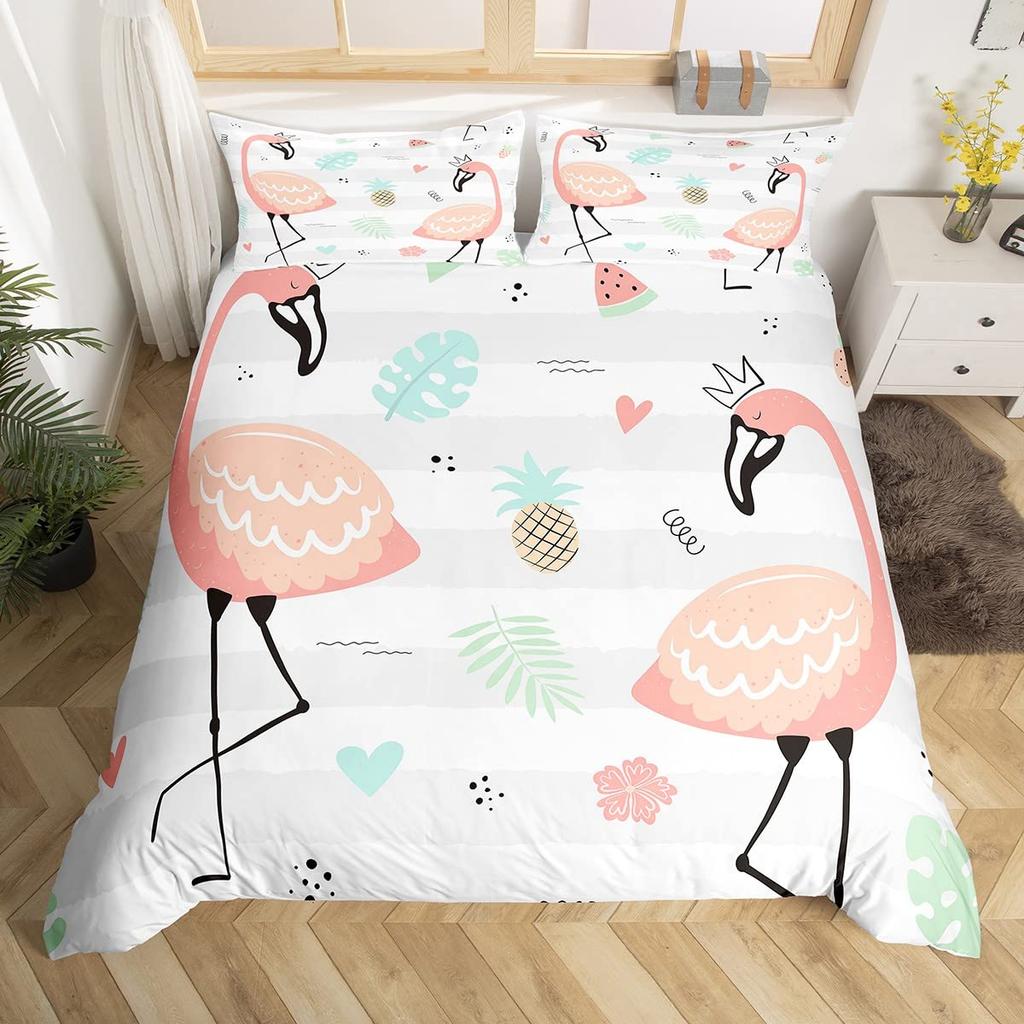 Comforter Queen Size Pink Flamingo Boys Girls Palm Leaves Bedding Set For Couples Bird Print Comforter Set