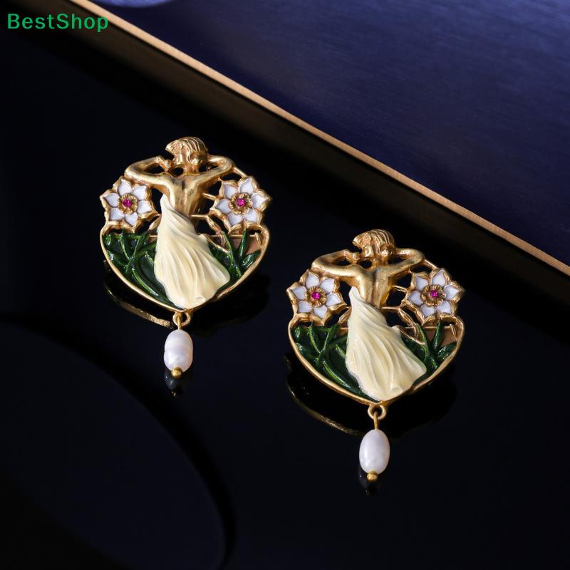 Vintage Art Nouveau Dancer Earrings – Enamel Floral Design with Freshwater Pearl Drop for Women
