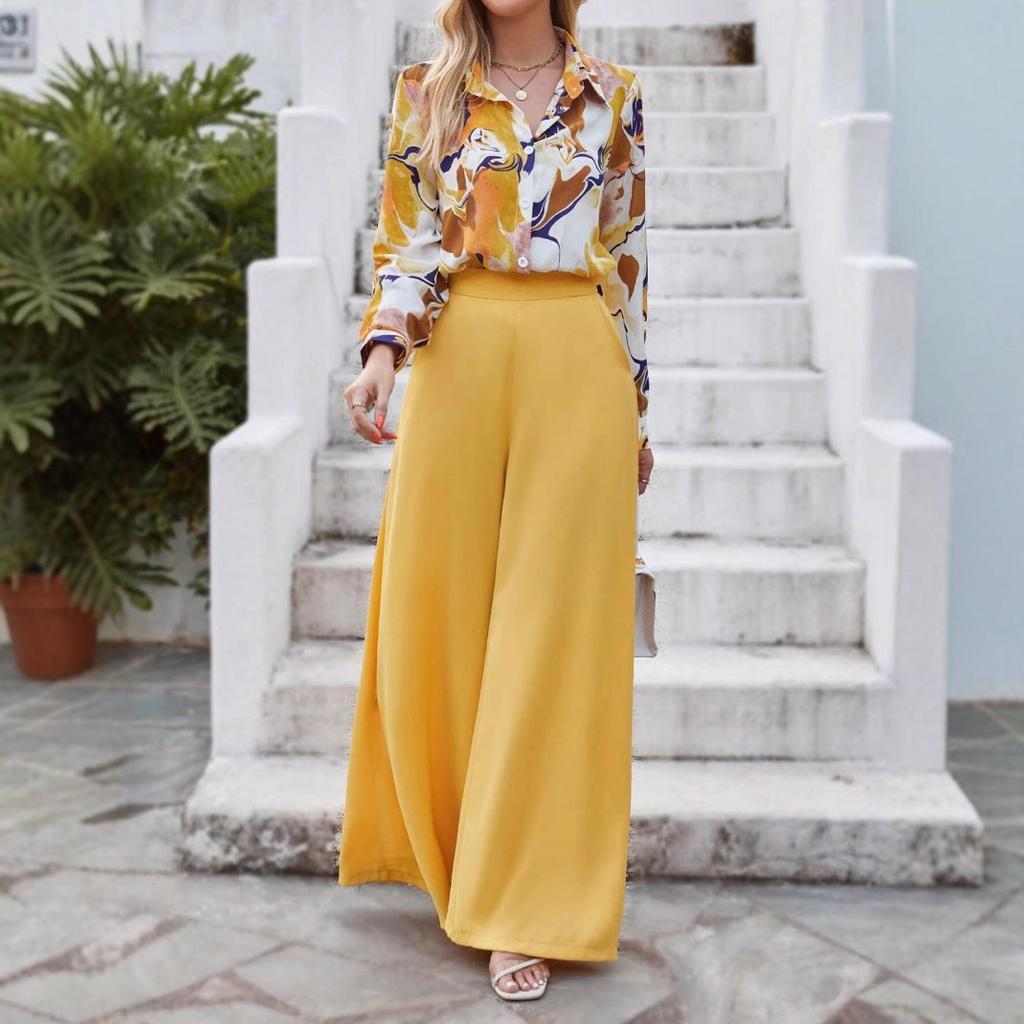 women's Collared Abstract Print Long Sleeve Shirt High Waist Wide Leg Pant Casual Two Piece Outfit Set