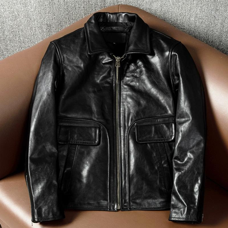 

Genuine Horsehide Leather Jacket Mens Slim Fit Short Biker Coat Autumn Winter Outerwear Large Size S