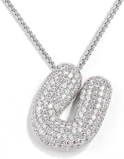 Cz Zircon Fat Initial A-Z Letters Balloon Bubble Pendant Necklace For Women Men Stainless Steel Box Chain Hip Hop Iced Jewelry