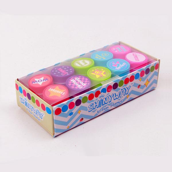 10 Pcs/Set Cute Stamp Toy Cartoon Dinosaur Animal Marine Life Encourage Pattern Round Plastic DIY Toy Seal with Box for Kids