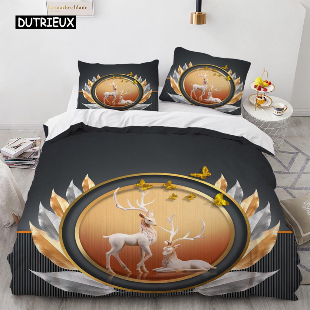 Funda Nórdica de Alce de Dibujos Animados Tamaño King Queen Patrón de Ciervo Dorado Juego de Cama para Adolescentes Adultos Funda de Edredón de Ciervo Salvaje con Funda de Almohada
