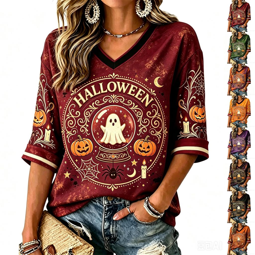 Women's V-Neck Halloween Print T-Shirt Casual Short Sleeve Top for Holiday Party