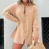 2 Pcs/Set Women Shirt Shorts Set Solid Color Long Sleeves Lapel Collar Single-breasted Split Blouse High Waist Loose Above Knee