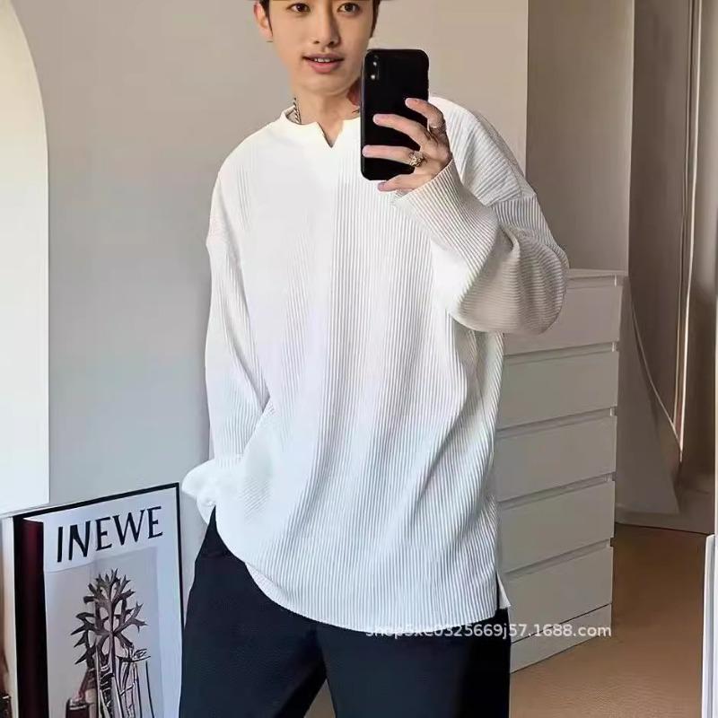 Men Loose V Neck Notch Collar Long Sleeve Vintage Casual Henley T Shirt
