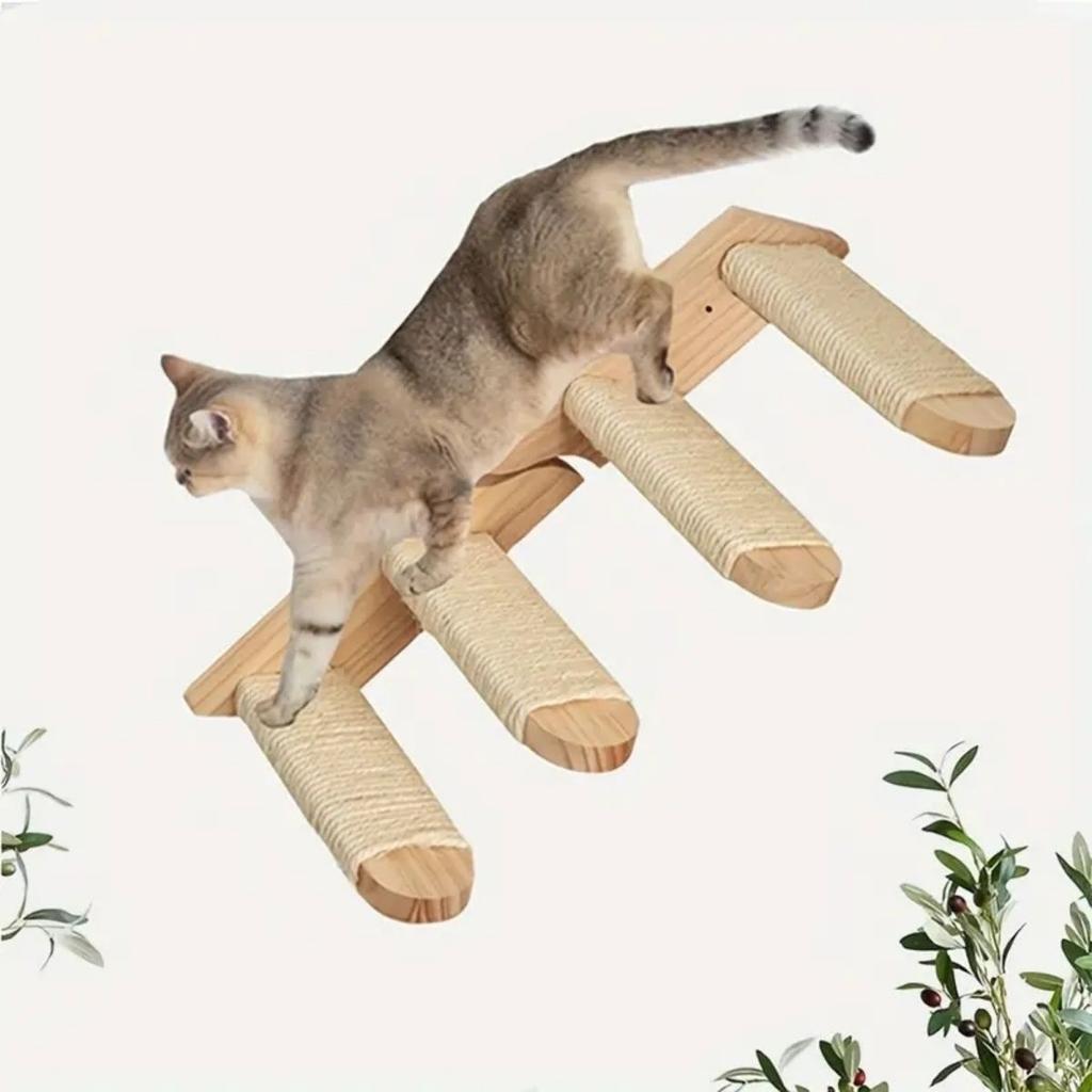 Four-tier solid wood cat staircase with wall-mounted climbing ladder and perch wall-mounted toy saves floor space