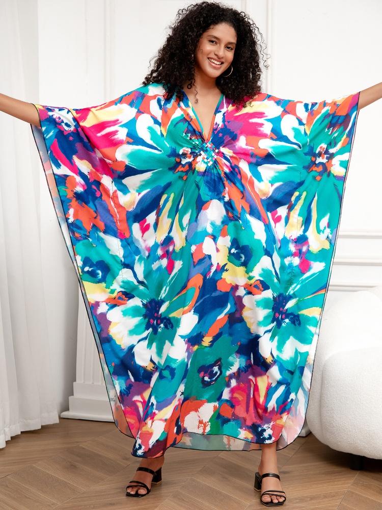 EDOLYNSA Green Printed Bohemian Long Dress Women Robe Kaftan House robe Outfit Plus size Lounge wear Beach dress Q1289
