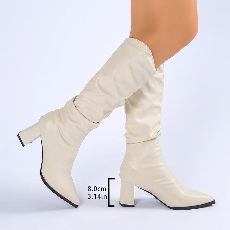Fashion No Knee 2025 New Thigh Boots Women's Small Block Heel Pleated Knight Boots High Heel